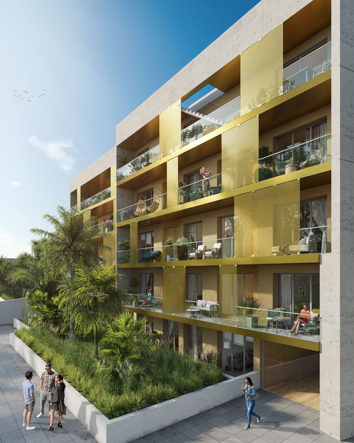 Perspective de la résidence Villa Francesca : façade béton clair, balcons filants et panneaux perforés couleur bronze doré, jardin paysager planté de palmiers