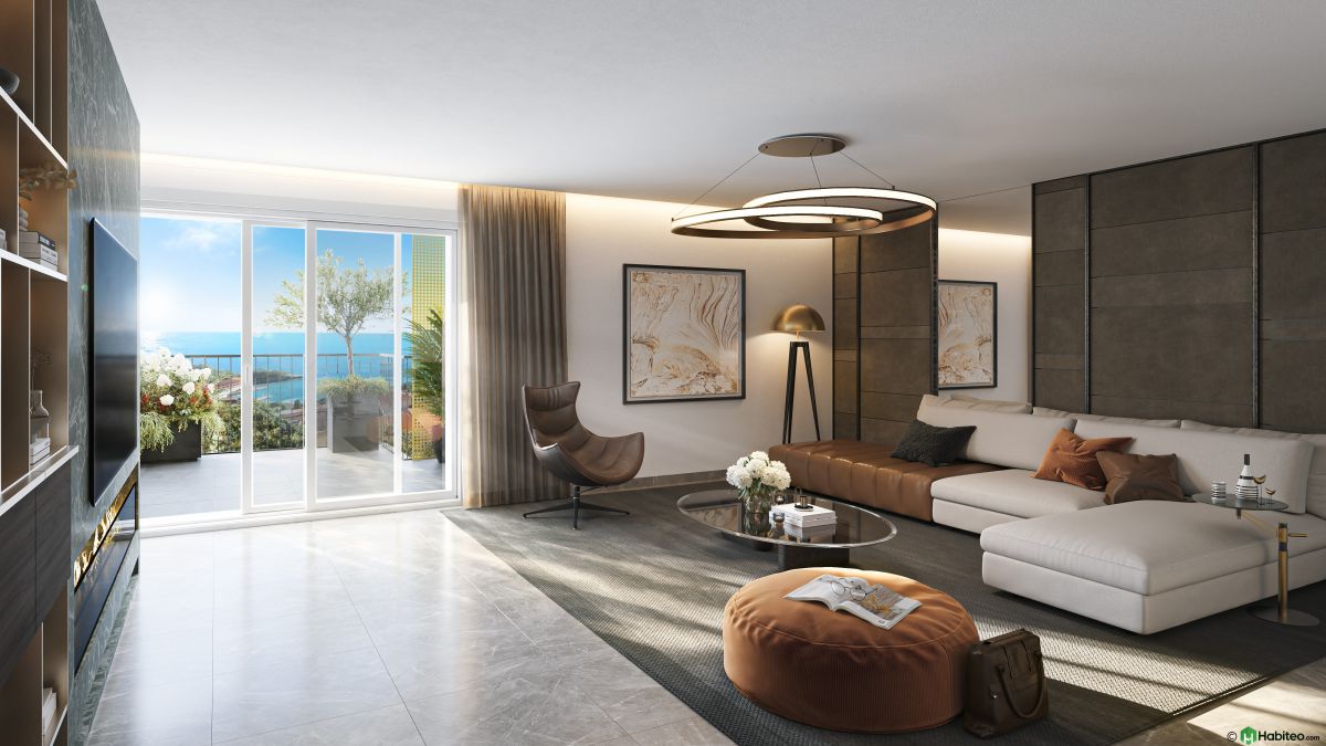 Salon contemporain aux tons chauds, baie vitrée donnant sur la terrasse et la Méditerranée